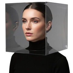 Femme avec un cube transparent sur la tête - Fond transparent