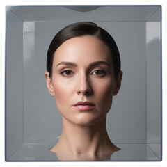 Tête de femme dans un cube transparent