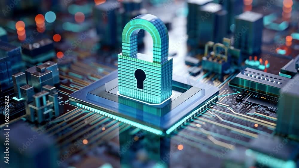 Poster digital security: a vibrant, detailed image of a digital padlock superimposed upon a computer circui