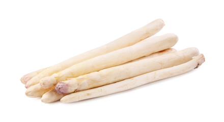 Many raw asparagus spears isolated on white