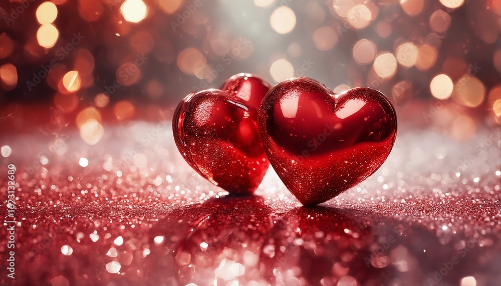 Poster two glittering red heart ornaments rest on a shimmering surface against a blurred bokeh background o