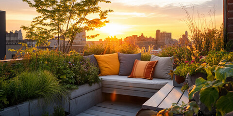 Urban rooftop garden at sunset with cozy seating Generative AI
