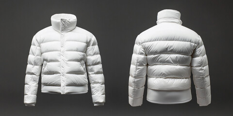 Stylish warm white puffer jacket on a dark background Generative AI