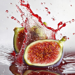 Fresh fig halves splashing in vibrant liquid Generative AI