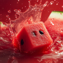 Refreshing watermelon cube splashing in water Generative AI