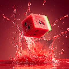 Refreshing watermelon cube splashes in vibrant red juice Generative AI