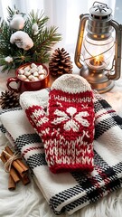 Illustration with elements of a winter holiday scene with a mitten, a wool blanket, a mug with marshmallows, a pine cone, an antique lantern, and cinnamon sticks tied with twine on a light background.
