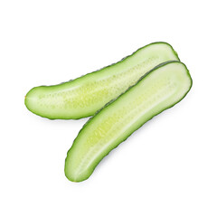 Halves of fresh cucumber isolated on white, top view