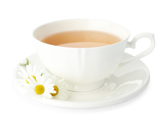 Aromatic tea in cup and chamomile flowers isolated on white