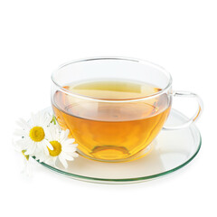 Aromatic tea in glass cup and chamomile flowers isolated on white
