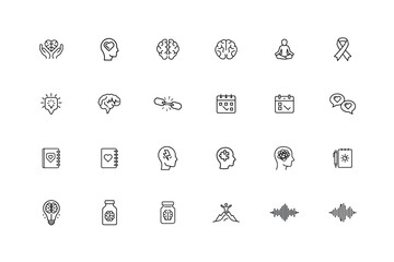 Collection simple line icons representing mental health well-being concepts brain