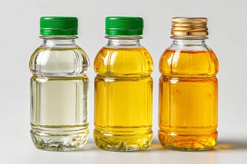 Ssorted cooking oils in glass bottles with green and gold caps on plain background