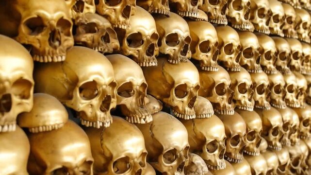 Stacked Human Skulls with Golden Hue Displaying Mortality, History and Ancient Memorial Symbols in Morbid Arrangements Featuring Osteology