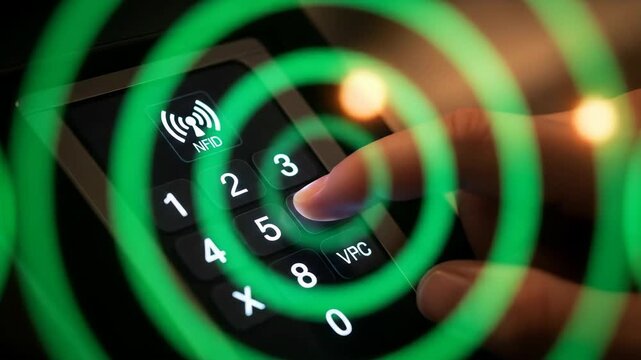 Person Entering PIN on Digital Keypad with RFID and VPC Icons, Secure Network and Cloud Computing Concept