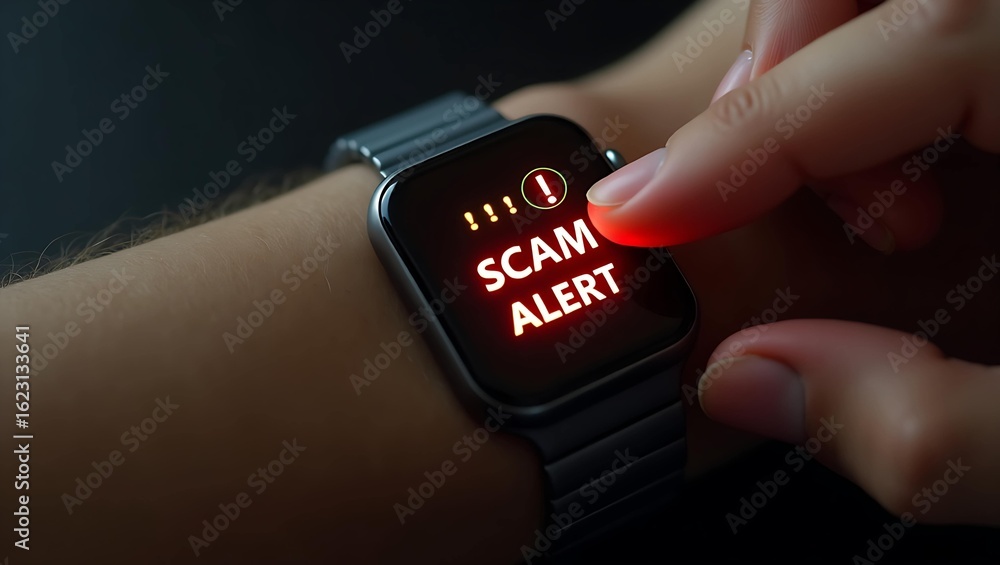 Poster a hand pressing a smartwatch displaying a red warning for 'scam alert', emphasizing digital security