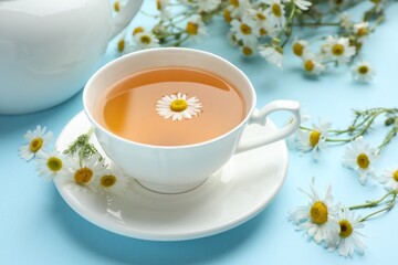 Tasty chamomile tea and flowers on light blue background, closeup