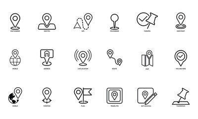 Location icon set. Location, push pin, map marker, geolocation, route, flag, location, GPS, address and more. Outline vector icons in linear style.