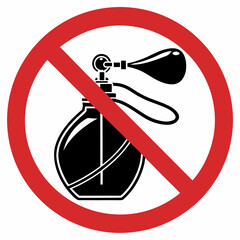 No perfume sign displayed in black and red with decorative bottle. Prohibition of perfume explicitly forbids the use of fragrances, odors, and scents in any setting.