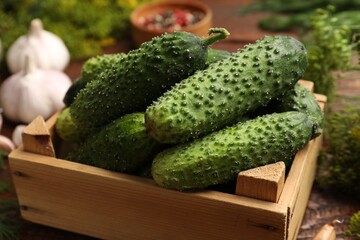 Making pickles. Fresh cucumbers and spices on table, closeup