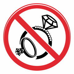 No jewelry symbol showing two rings within a crossed out circle. No jewelry symbol is used to illustrate absence of adornments, it is a visual prohibition sign to avoid extravagance.