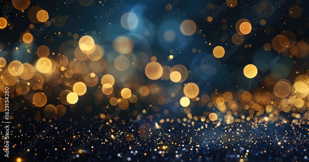 Poster a blurred background of shimmering golden and blue bokeh lights, creating a festive atmosphere.