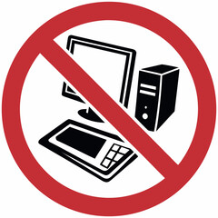 No computers restriction featuring prohibited symbol, alongside personal computer. This restricted symbol shows computer is restricted, it is an important reminder for compliance.
