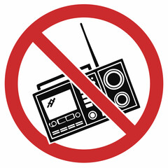 No radio sign with crossed out portable player is a clear symbol of silence, radio ban, radio restriction. The radio ban is depicted in black on white, encased in a red prohibition circle.