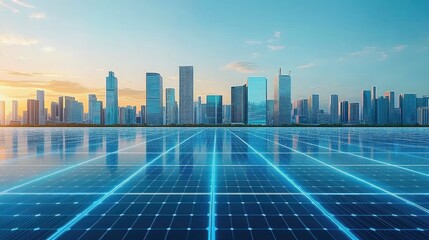 Futuristic smart city skyline with solar panels on the horizon, symbolizing technological innovation, clean energy, and sustainable development.