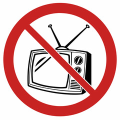 No television sign with classic TV set inside crossed red circle. No television is a symbol of avoiding entertainment during holidays.