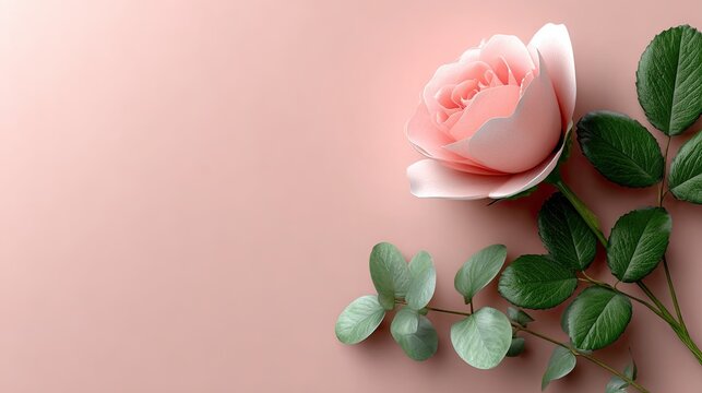 Pink rose bud stands out against a soft pastel pink background, embodying elegance in a minimalistic floral arrangement - Powered by Adobe