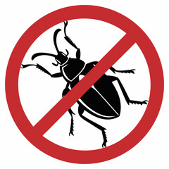 No bug sign with stag beetle inside red prohibition circle. Depicts symbol of pest control, showcasing insect in forbidden context, pest crossed out.