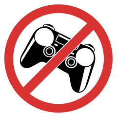 No gaming symbol in red circle against white background for signs or posters. No gaming for a more productive life and improved health,