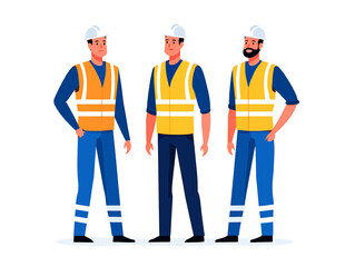 A team of professional construction workers in safety gear vector illustration
