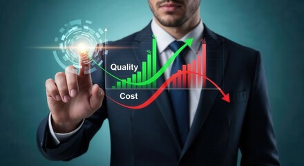 Businessman optimizing quality and reducing cost with digital graph interface concept.