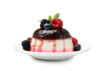 Tasty panna cotta with berries and jam isolated on white