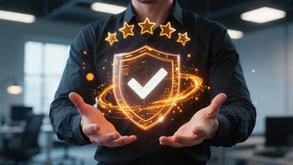 Cybersecurity protection concept with digital shield and check mark in futuristic office background.