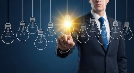 Businessman touching glowing virtual light bulb as innovation and idea concept.