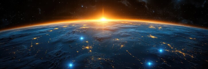 An epic panoramic view of planet Earth from space. The sun rises over the horizon, illuminating the atmosphere and continents with glowing city lights, a concept for global connection and technology.