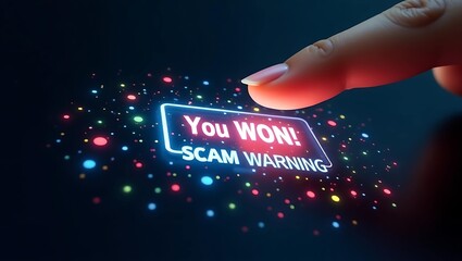 A close-up of a hand with manicured nails hovering over a colorful screen alert reading 'You WON! SCAM WARNING.'