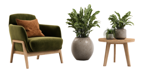 Green velvet armchair with a light brown wooden base, beside a light gray planter and small side table with greenery