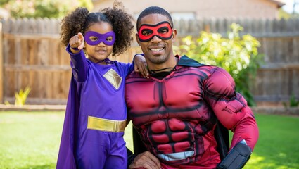 Father and daughter dressed as superheroes posing in backyard with colorful costumes and capes celebrating fun family time.
