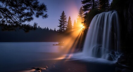 A photorealistic of a waterfall plunging into a jungle pool