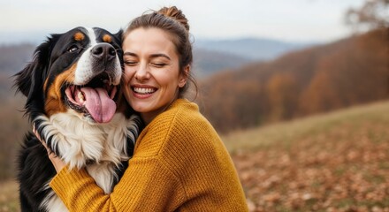 Smiling woman hugging her large dog in an autumn field with warm light and space for text or seasonal message.