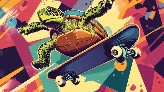 Turtle riding a skateboard in a vibrant, graphic design.