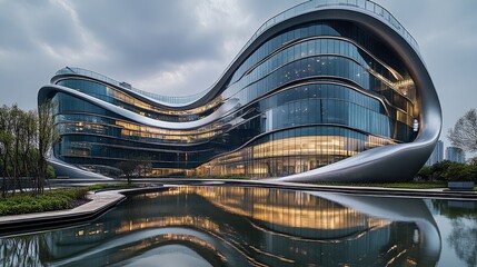 Futuristic landmark building with a flowing, organic architectural style reflecting in water at twilight. A concept for parametric design, real estate investment, and corporate innovation.

