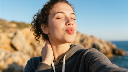 Young woman blowing kiss taking a selfie outdoors enjoying sunset in nature with casual hoodie and relaxed mood.