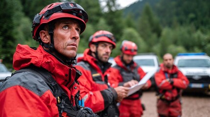 Mountain rescue team in red uniforms planning operation in forest with emergency vehicles in background and copy space.