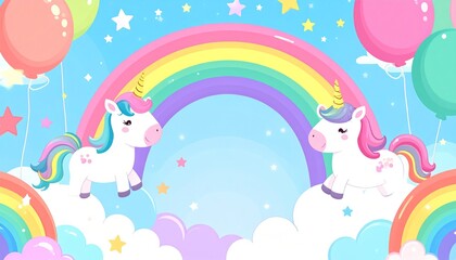 Cute unicorns under rainbow