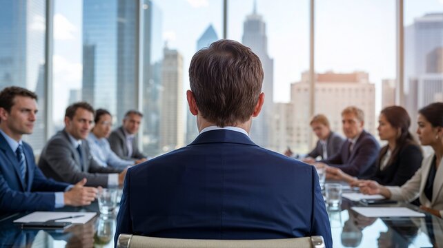 Executive business meeting with professionals in formal attire seated around a boardroom table in modern office skyscraper.