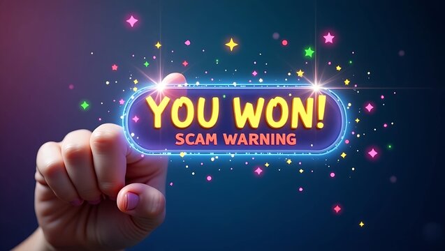 A hand holding a colorful 'You Won!' sign with a scam warning overlay, set against a dark background with sparkles.